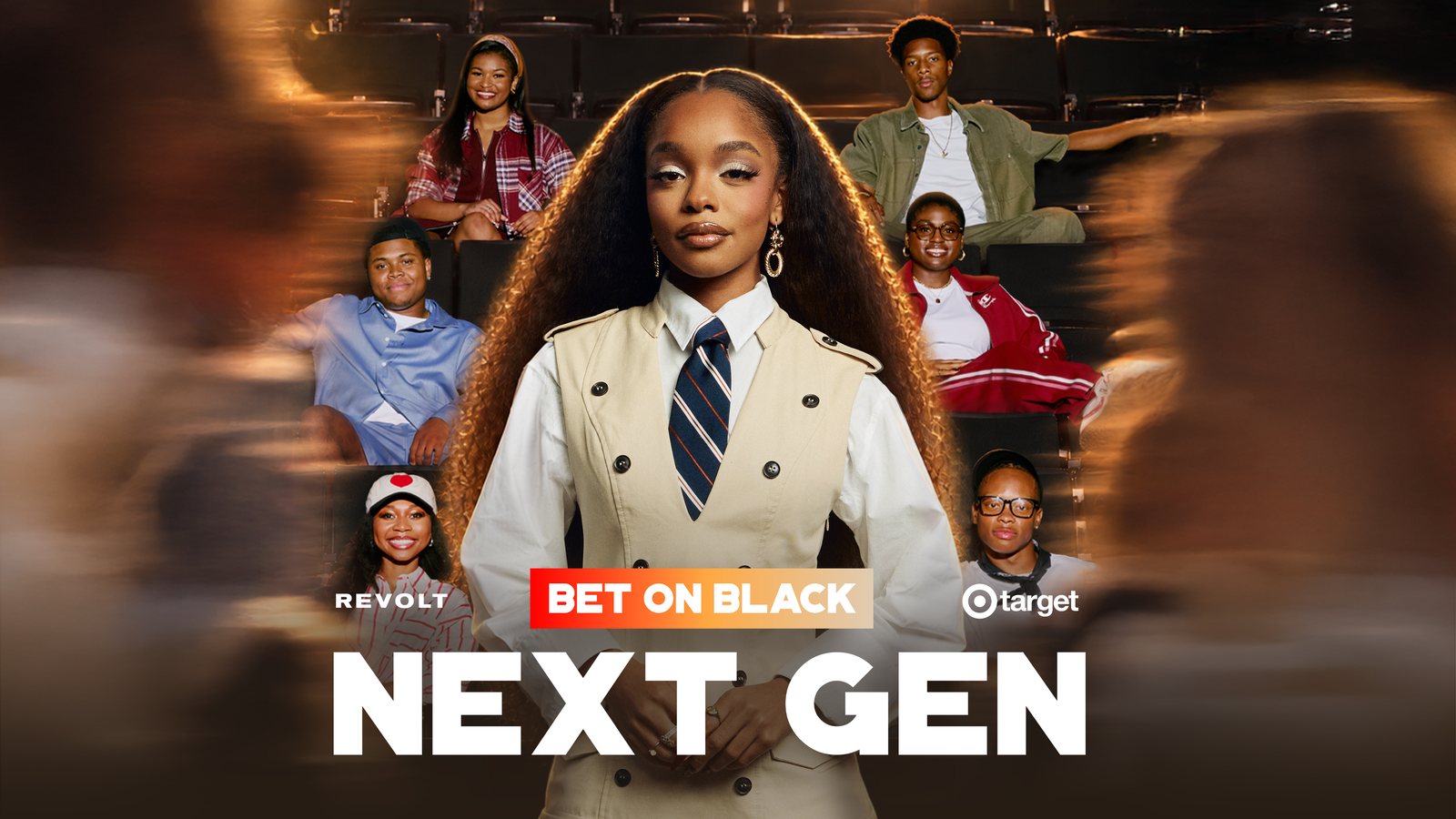Bet On Black: Next Gen key art featuring the host and cast seated in a theater