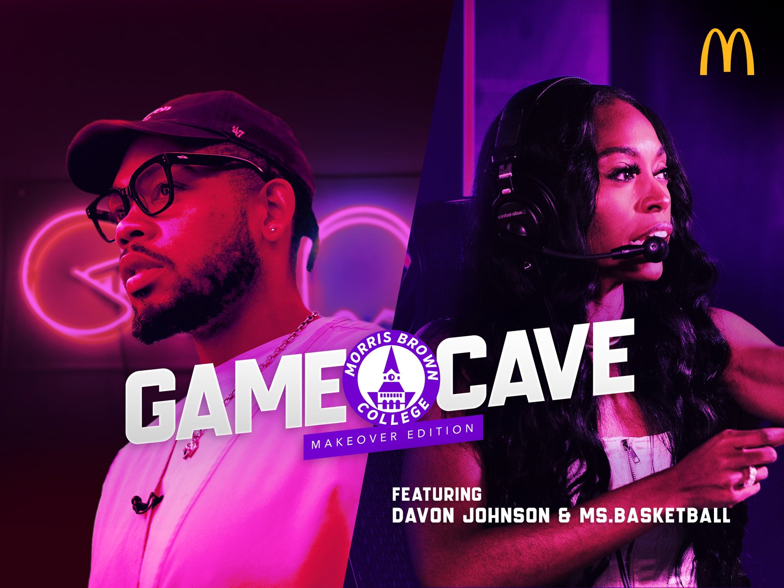 Game Cave Morris Brown College Makeover Edition key art featuring Davon Johnson and Ms. Basketball, with the McDonald's logo