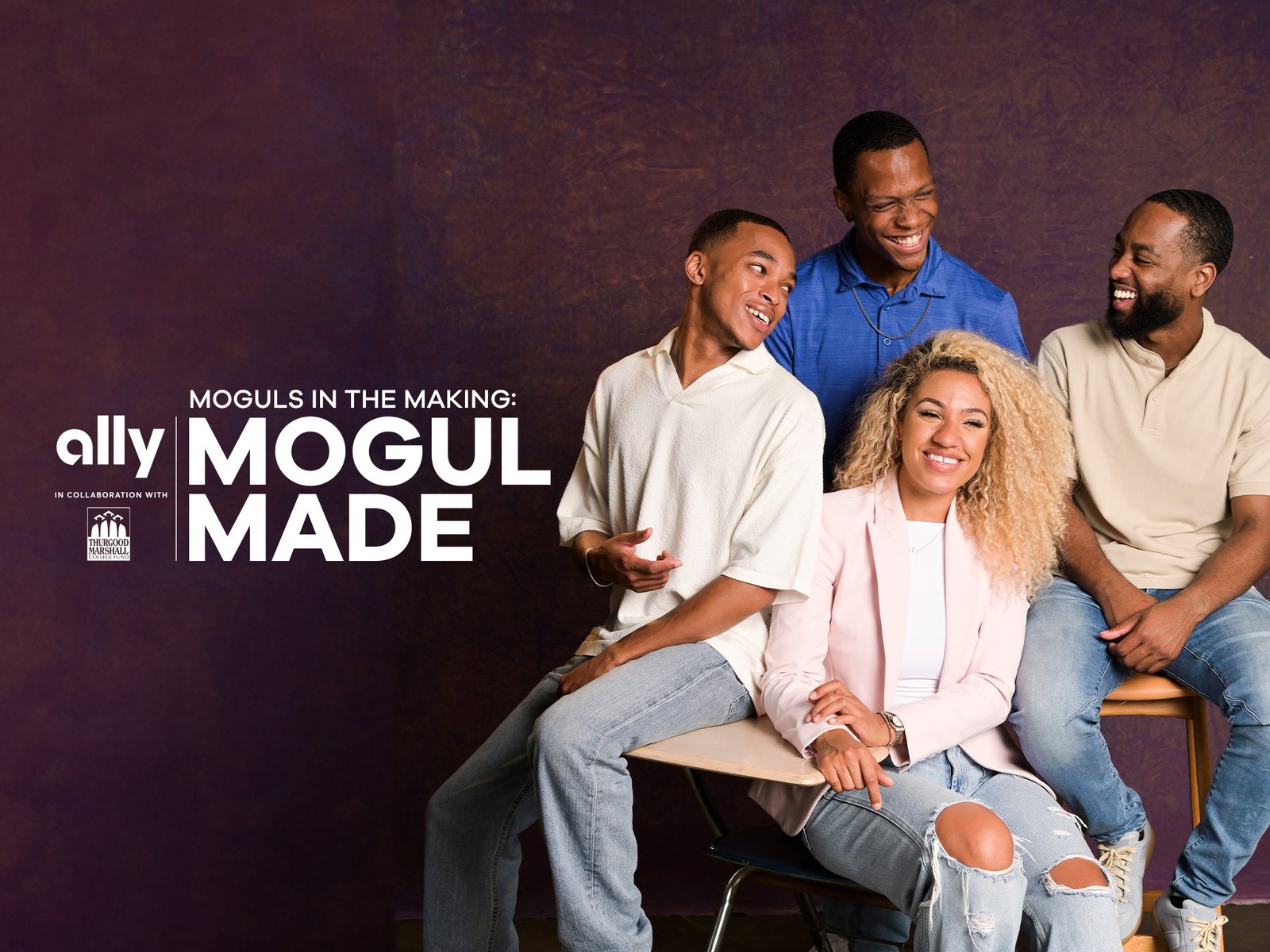 Mogul Made key art from Ally in collaboration with the Thurgood Marshall College Fund, with four smiling cast members