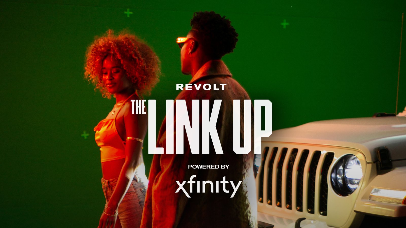 The Link Up Season 1 key art, powered by Xfinity, with two performers on a green screen set beside a vehicle